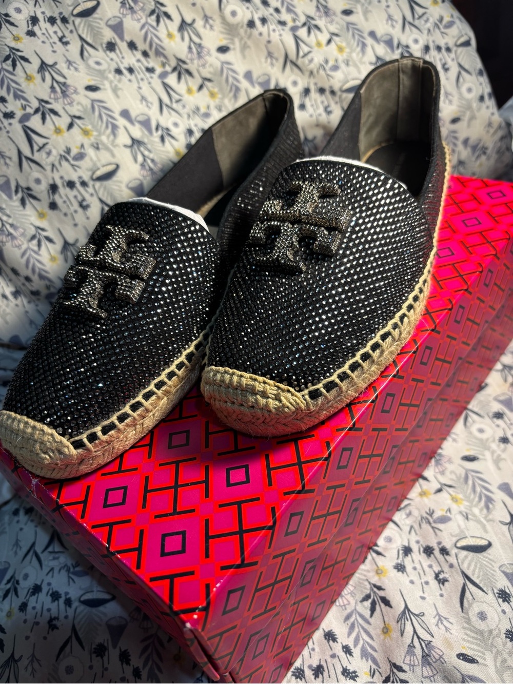 Tory Burch Black Crystal Logo Espadrille Flats